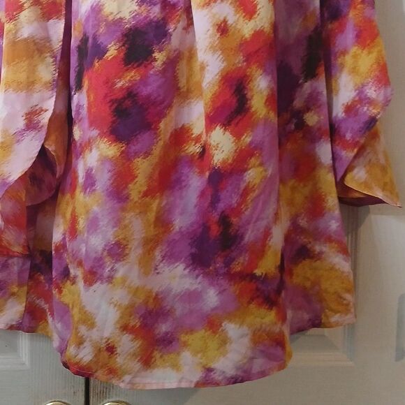 NUE OPTIONS Purple, Yellow, Red Tie Dye Print Pleated Front Blouse Sz L NWOT - Picture 2 of 6
